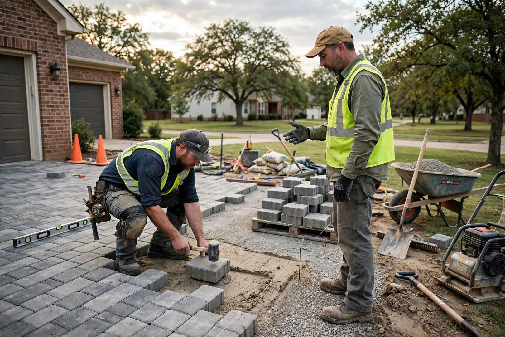 Crew compacting crushed aggregate base for a new paver driveway in Oklahoma City