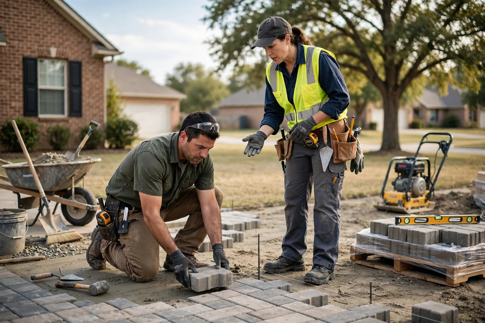 Newly installed interlocking paver driveway in front of an Oklahoma City home