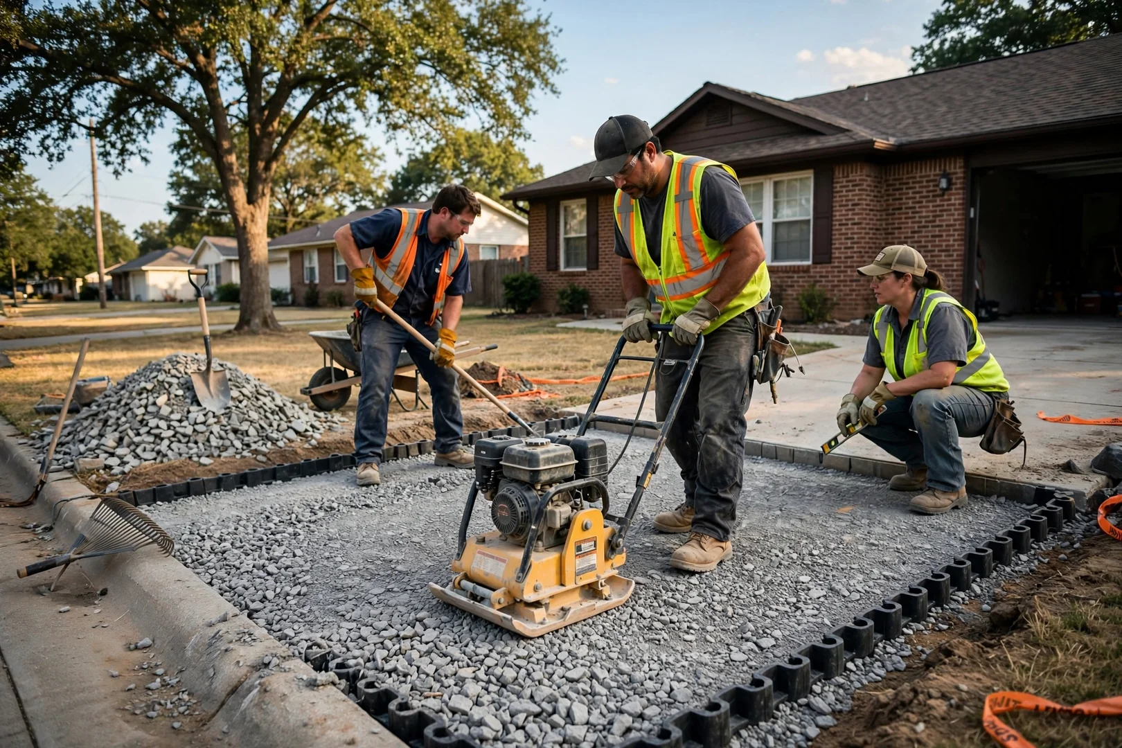 Crew compacting crushed stone base for a new paver driveway in Oklahoma City