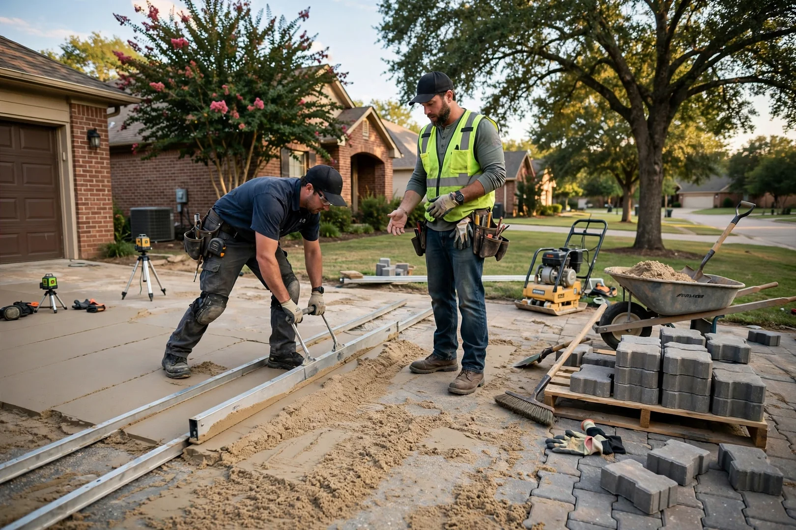 Installer screeding bedding sand before laying interlocking driveway pavers