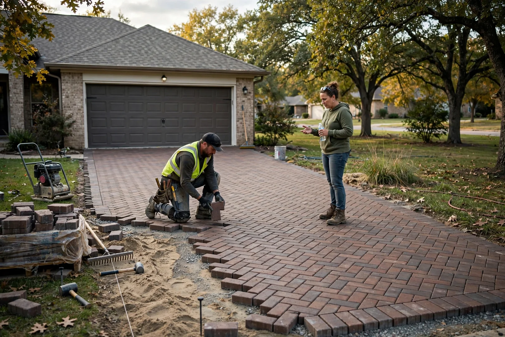 Herringbone paver driveway pattern leading to a suburban home garage