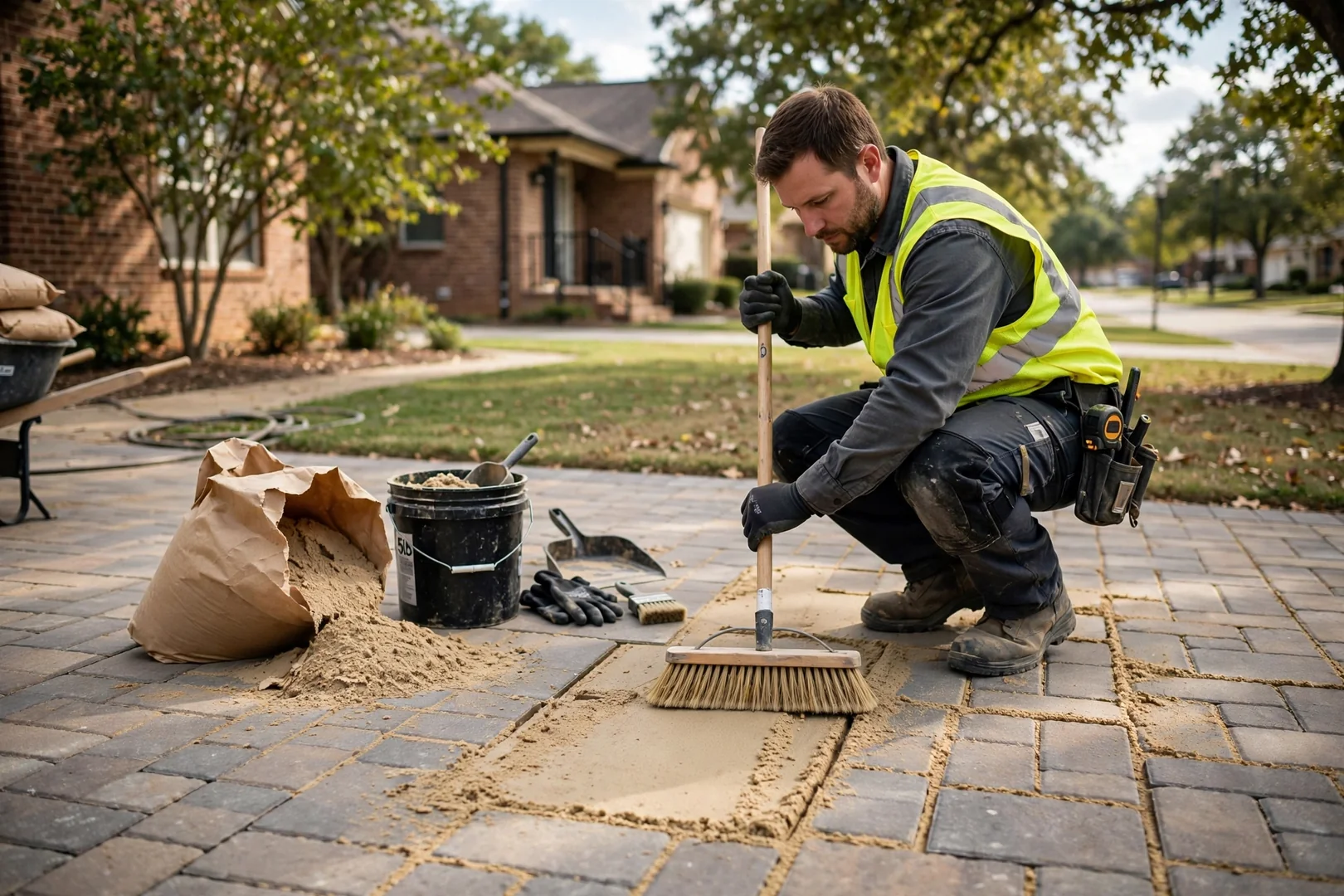 Polymeric sand being swept into joints of a finished paver driveway