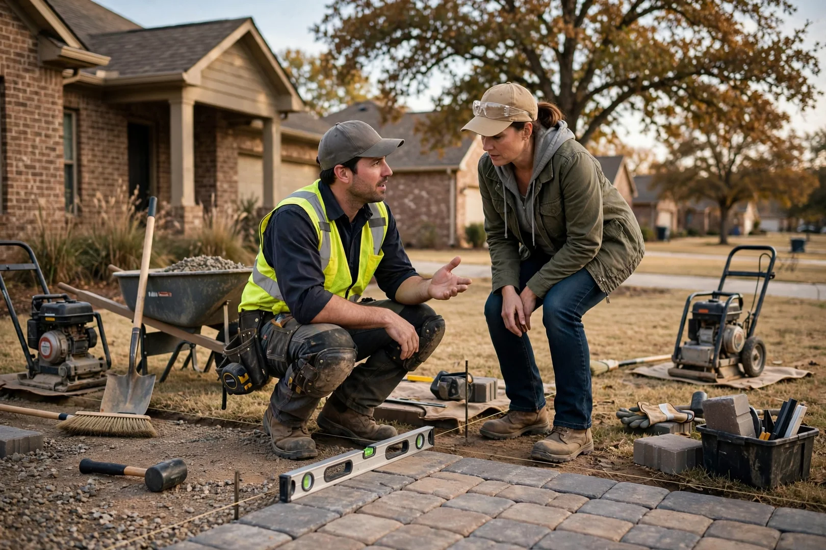 Finished herringbone paver driveway in front of an Oklahoma City home