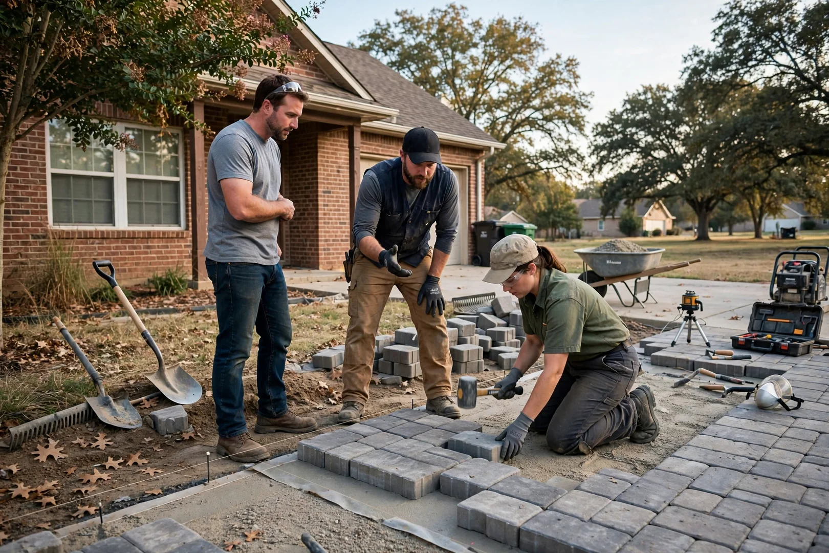Crew setting interlocking pavers on a backyard patio base