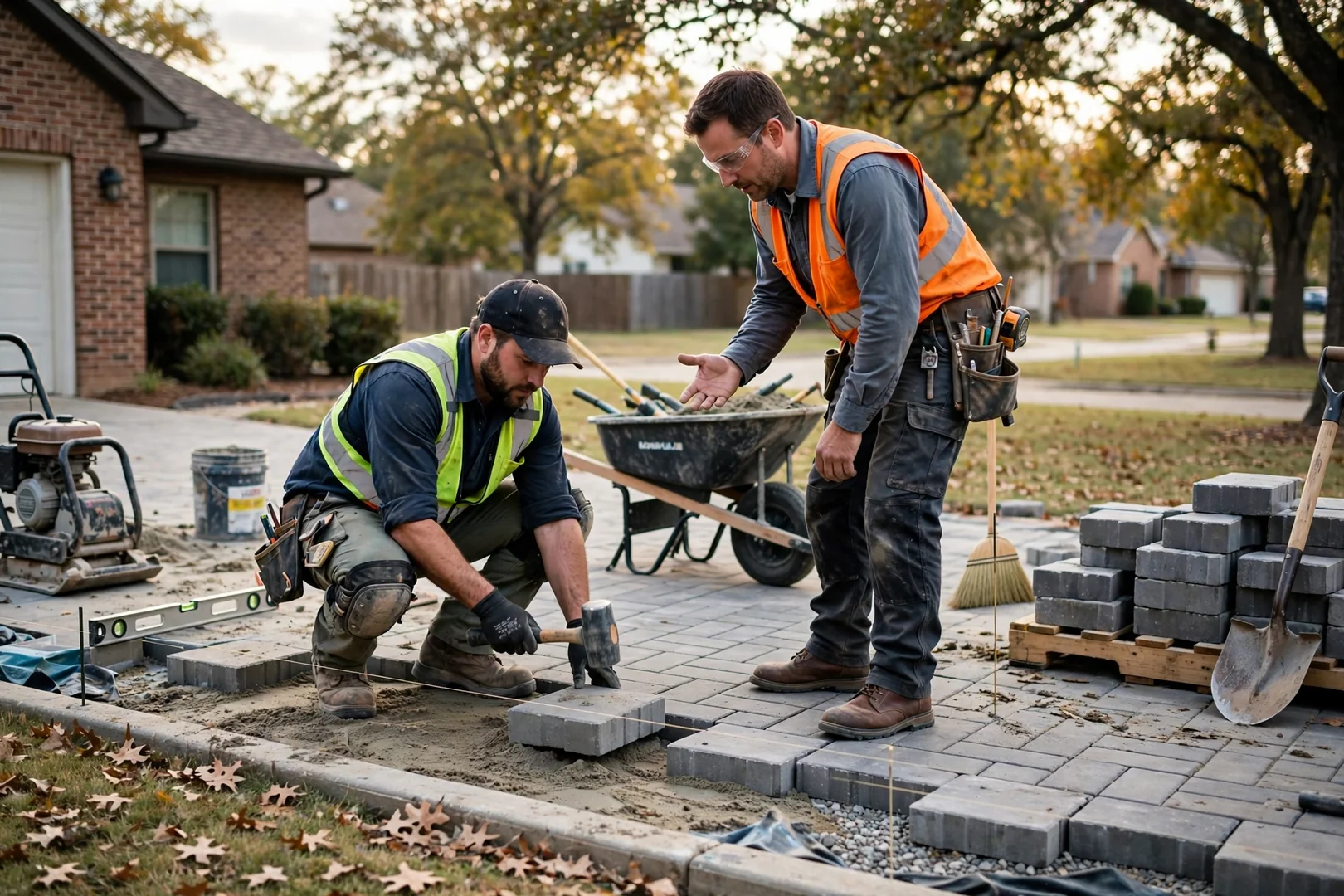Paver patio installation crew compacting joint sand on a backyard project in Oklahoma City