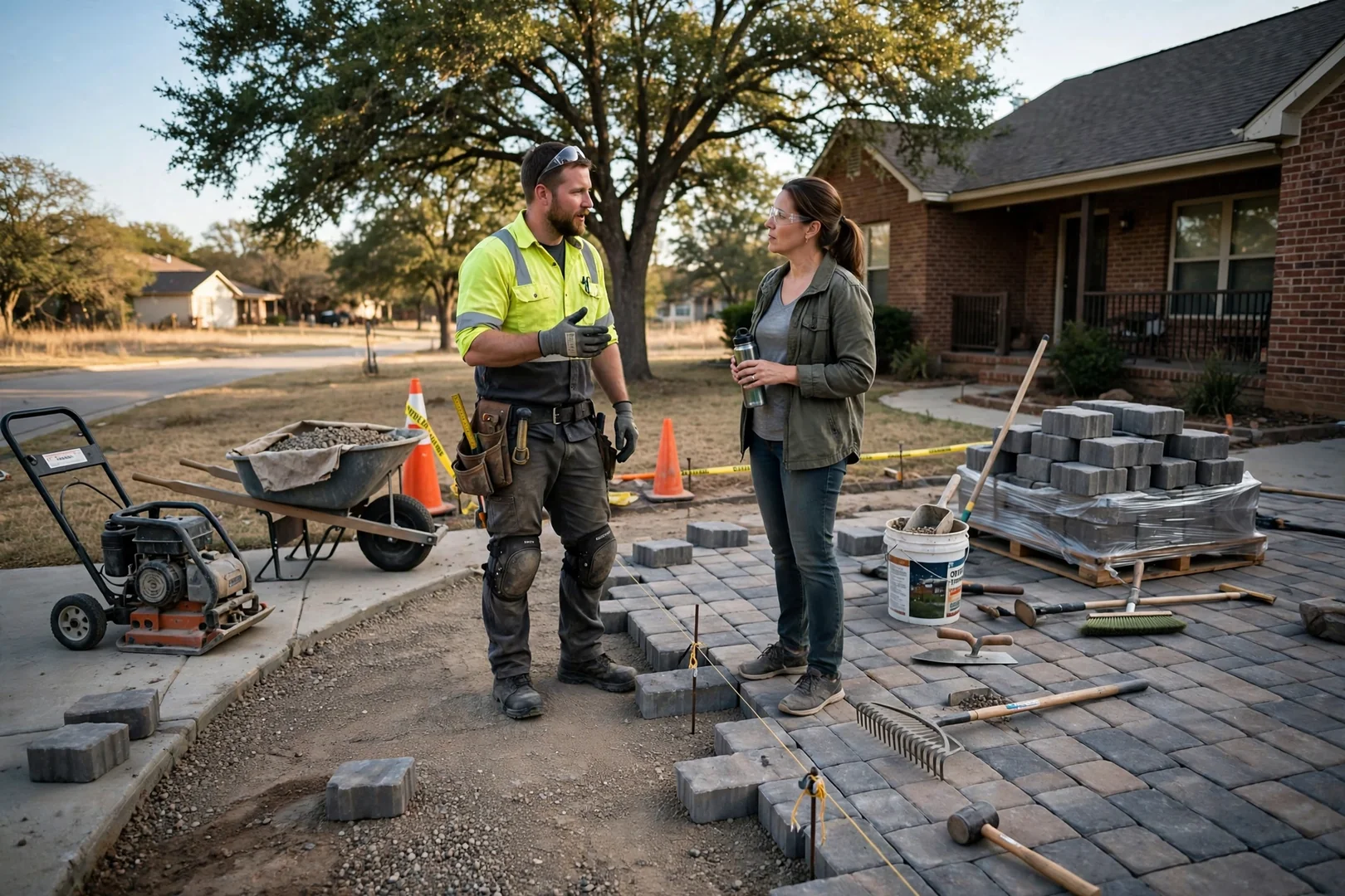 Crew compacting a new paver patio in an Oklahoma City backyard