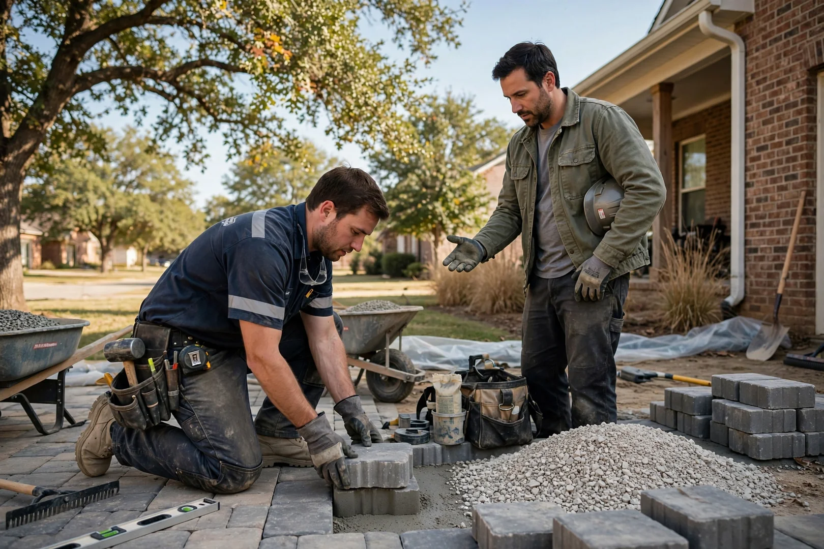 Plate compactor settling a new paver driveway at a home