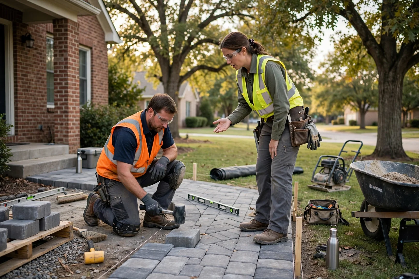 Crew setting pavers on screeded bedding sand for a patio