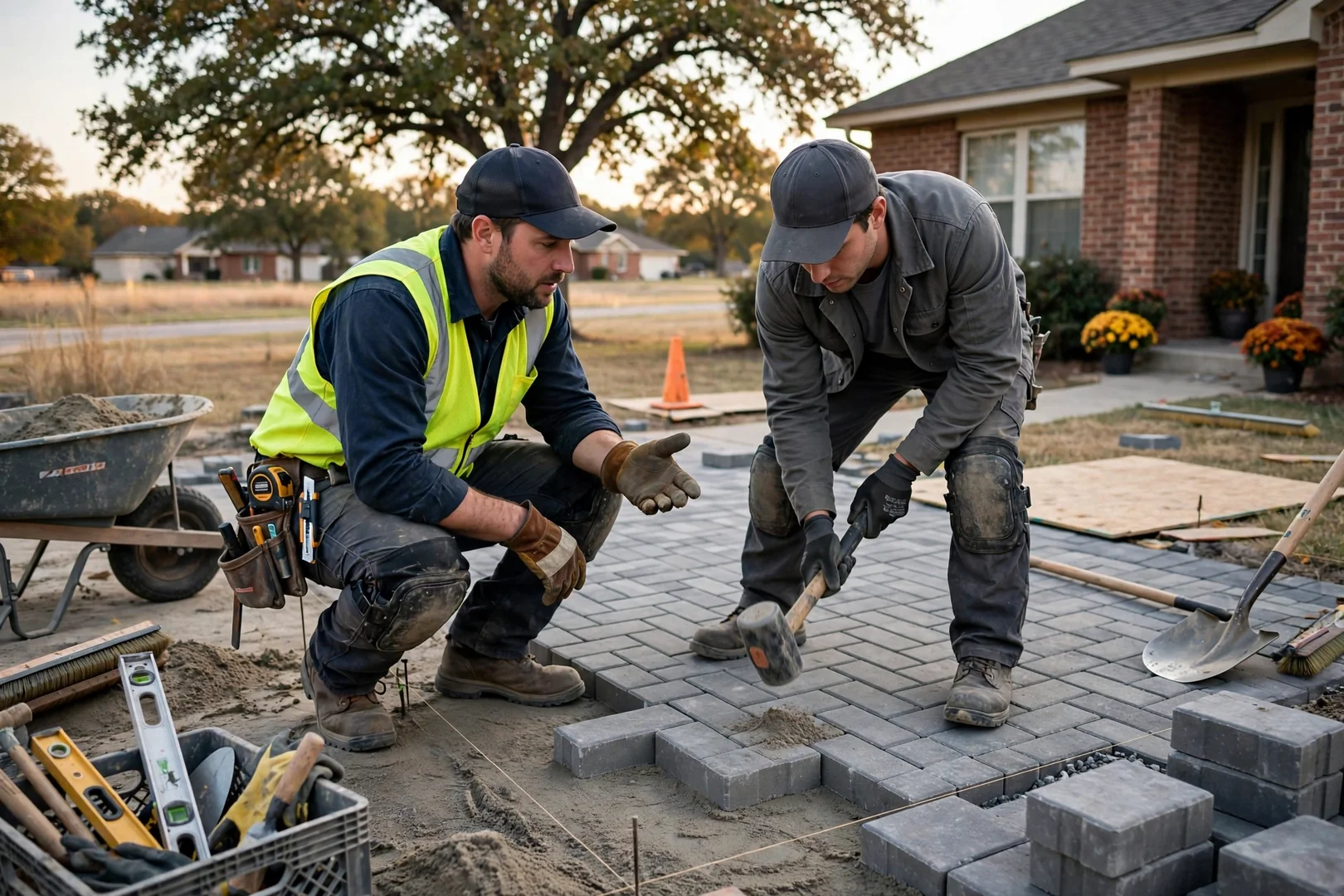 Paver installer reviewing a finished backyard patio with a homeowner in Oklahoma City