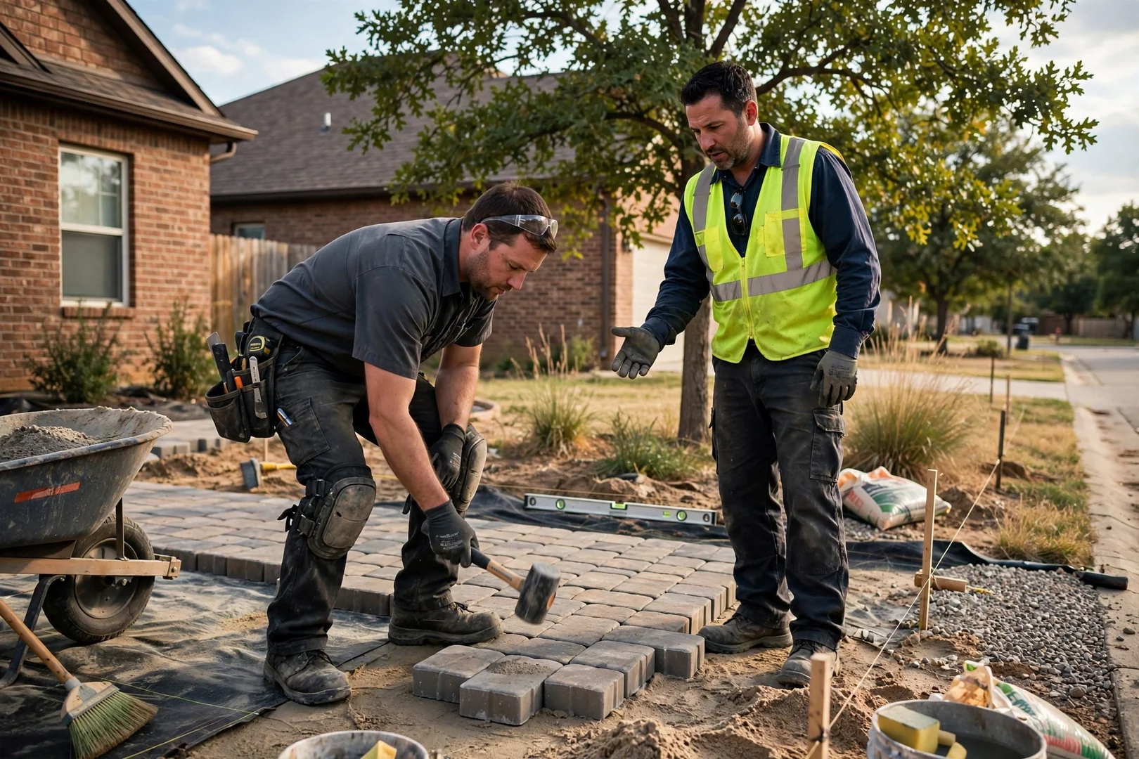 Paver contractor reviewing a written estimate with a homeowner beside a backyard patio site
