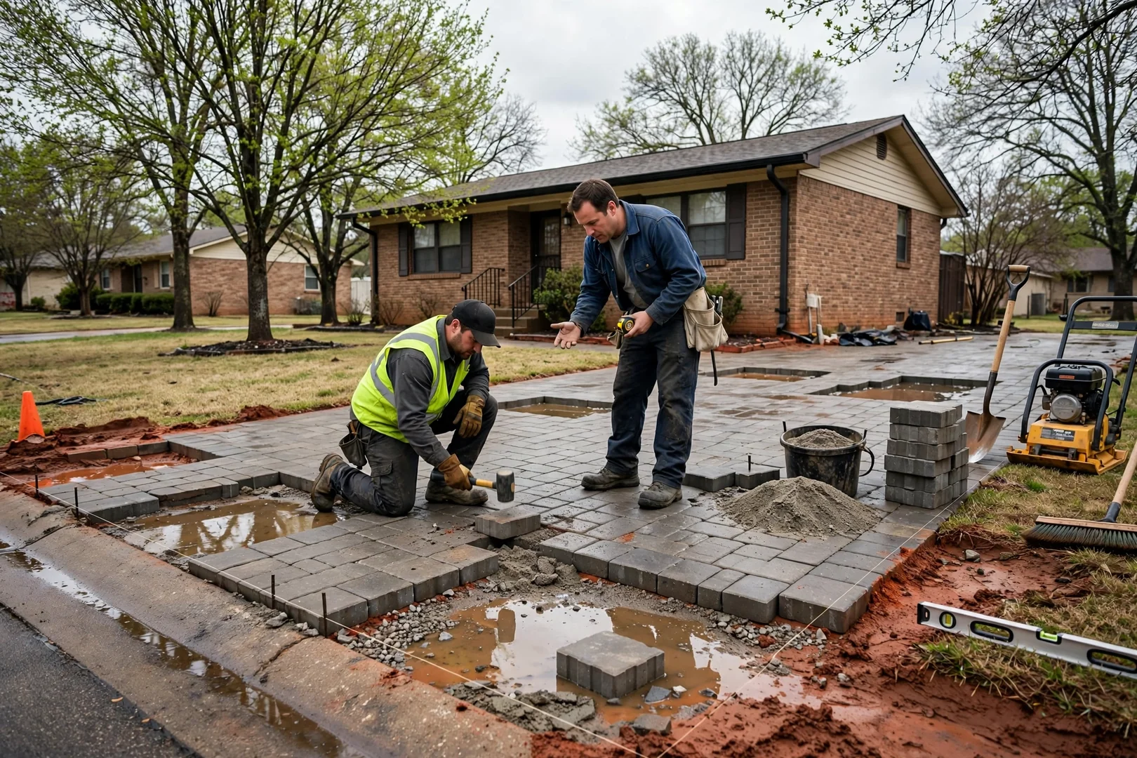 Suburban driveway with sunken pavers and standing rainwater after a spring storm in Oklahoma City