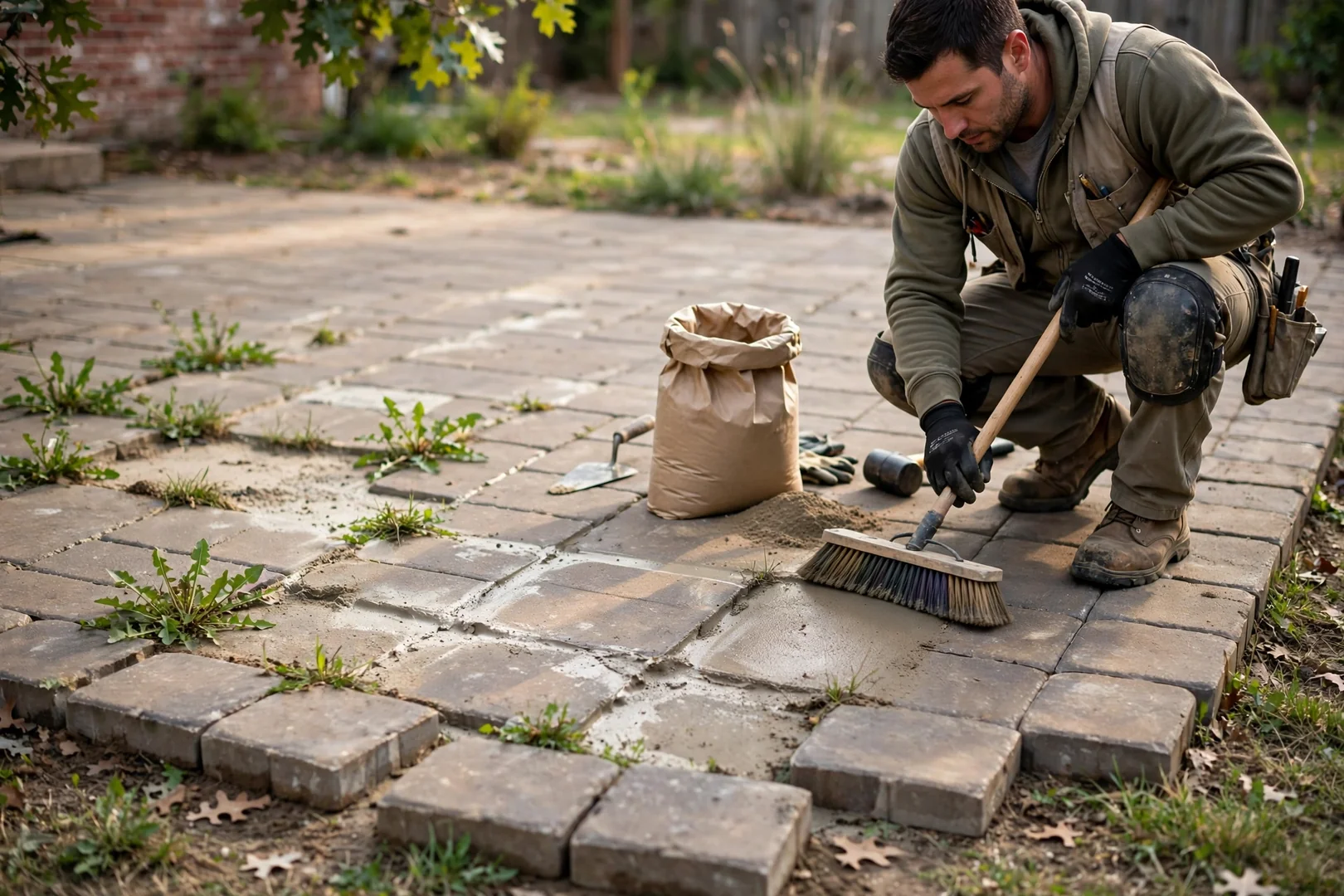 Close-up of eroded joint sand and weeds growing between shifted patio pavers