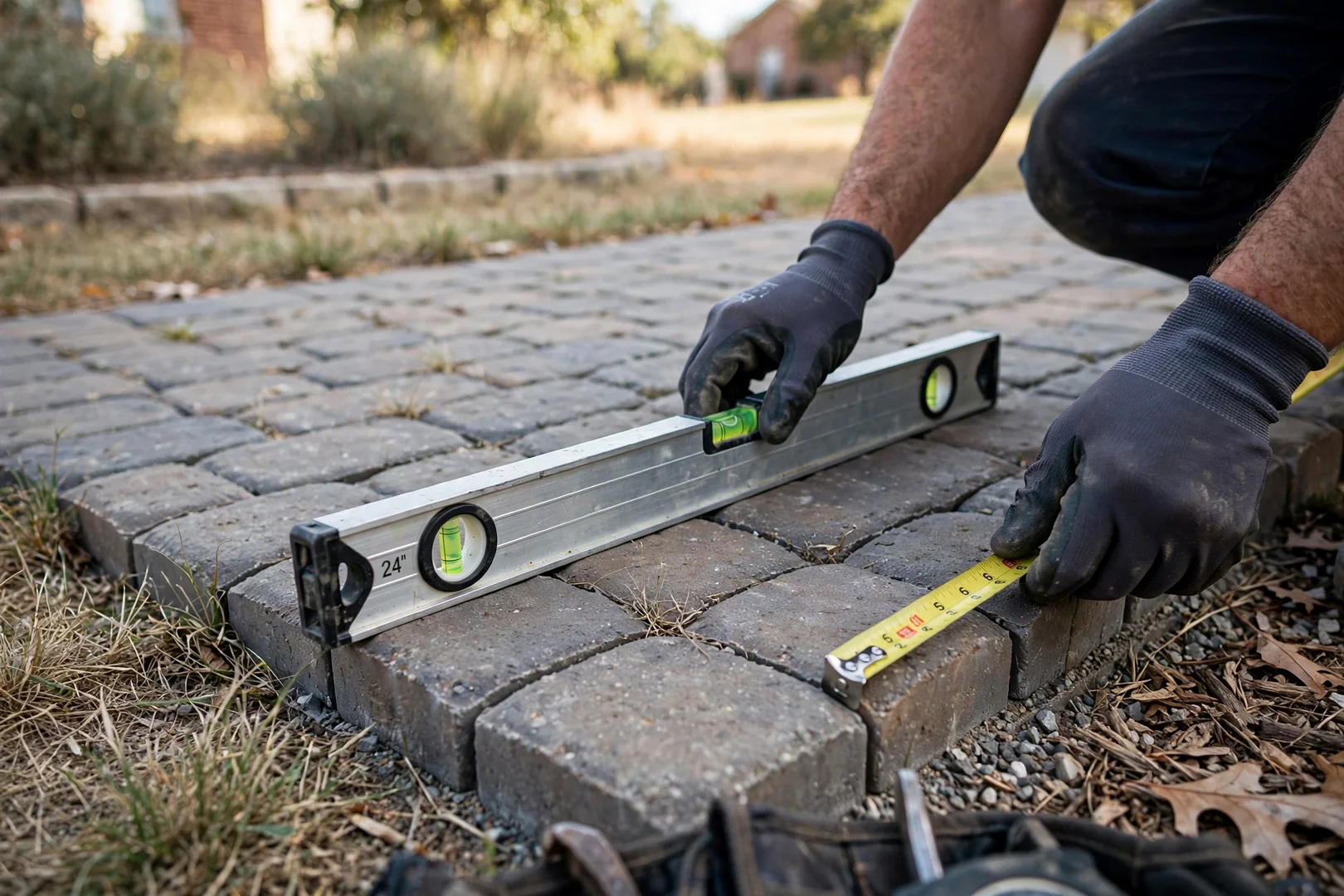 Gloved hands checking slope with a level on an uneven paver walkway
