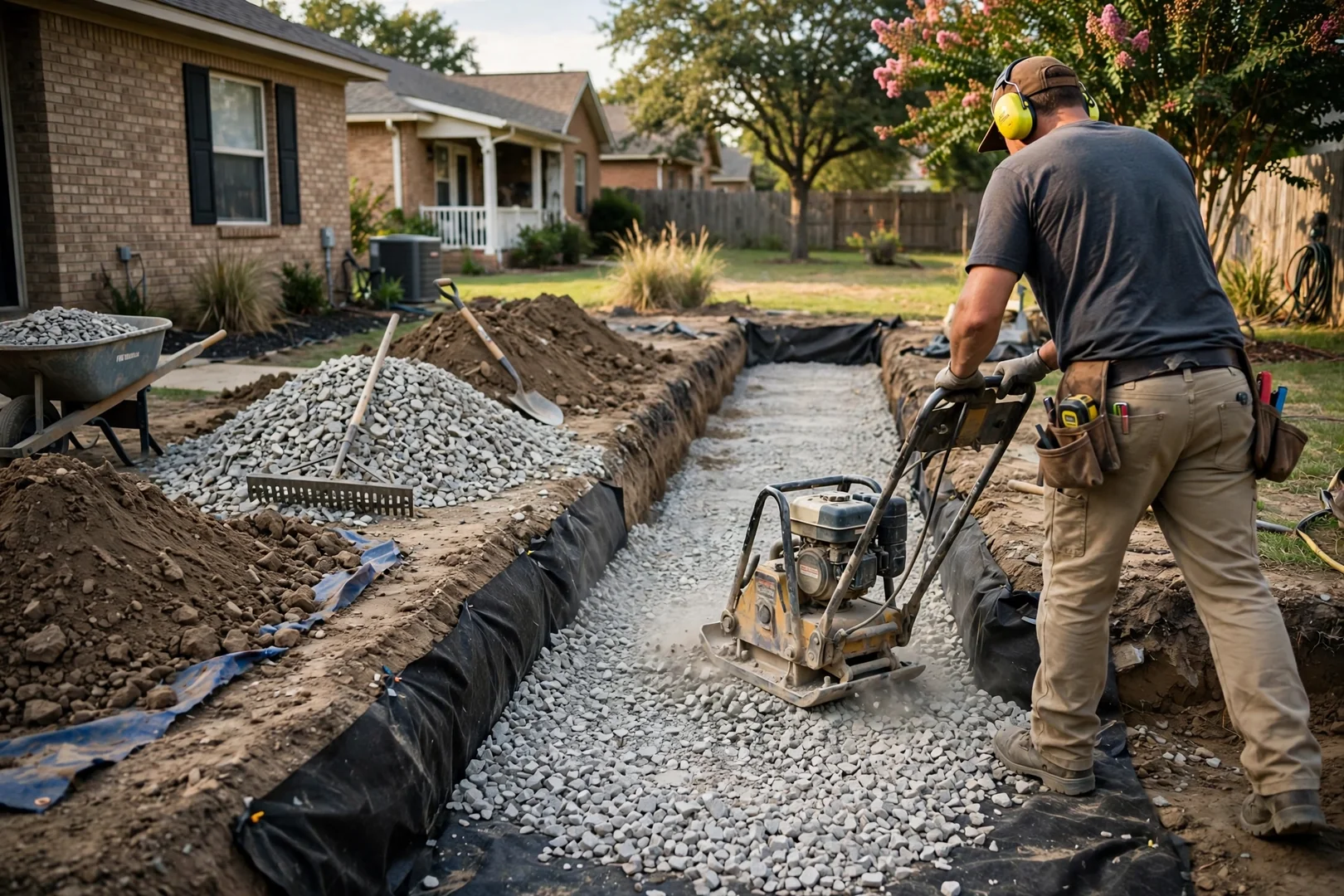Excavated walkway with geotextile fabric, crushed stone base, and plate compactor in use