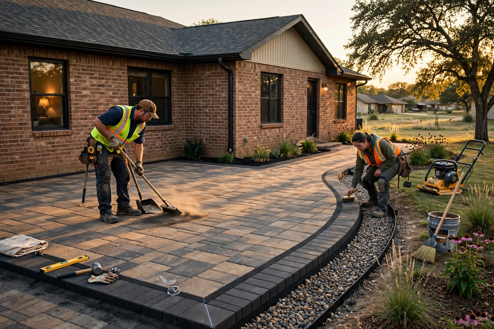 Finished paver patio and walkway with clean edges beside a ranch-style Oklahoma City home