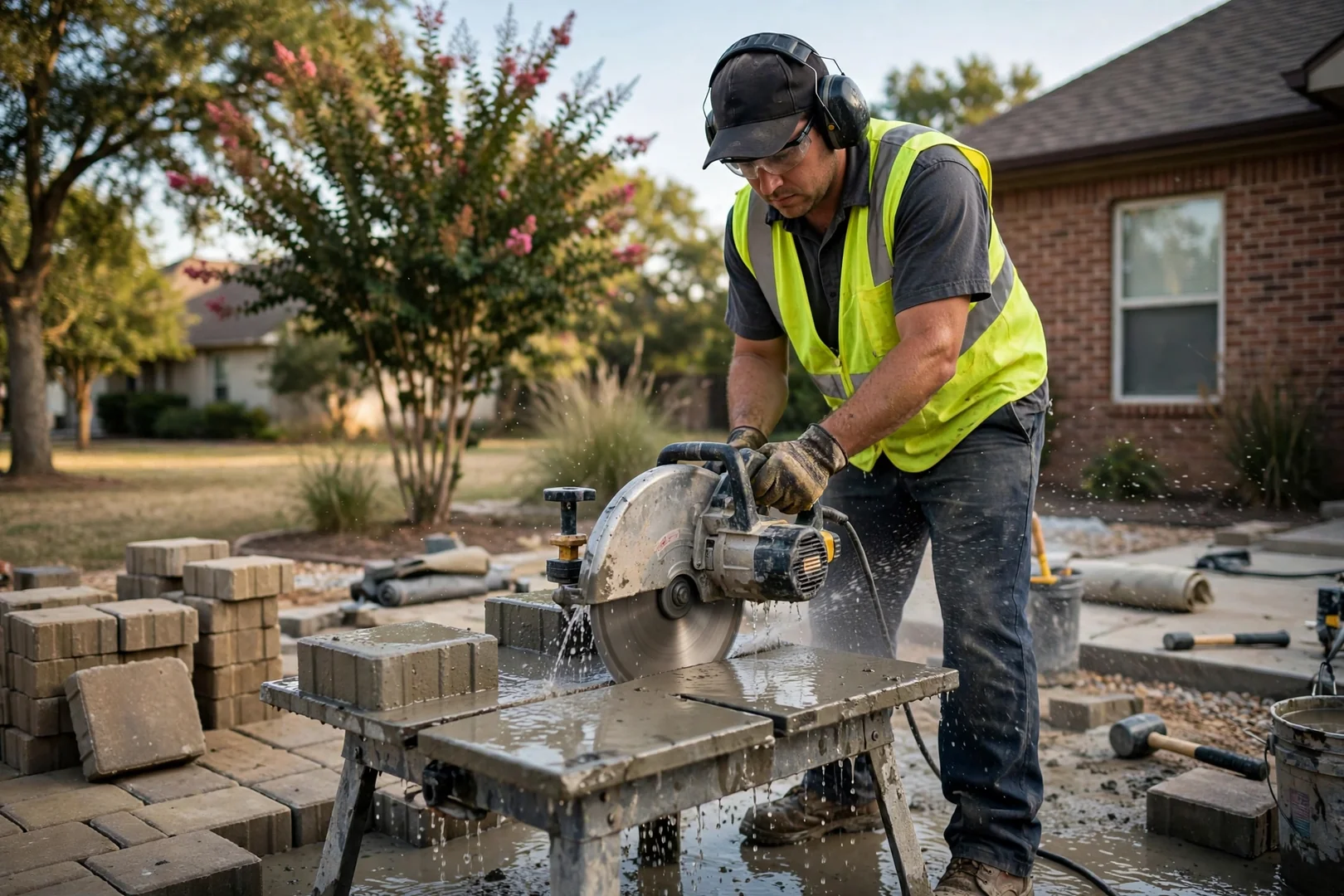 Paver installer wearing eye and hearing protection while wet cutting concrete pavers