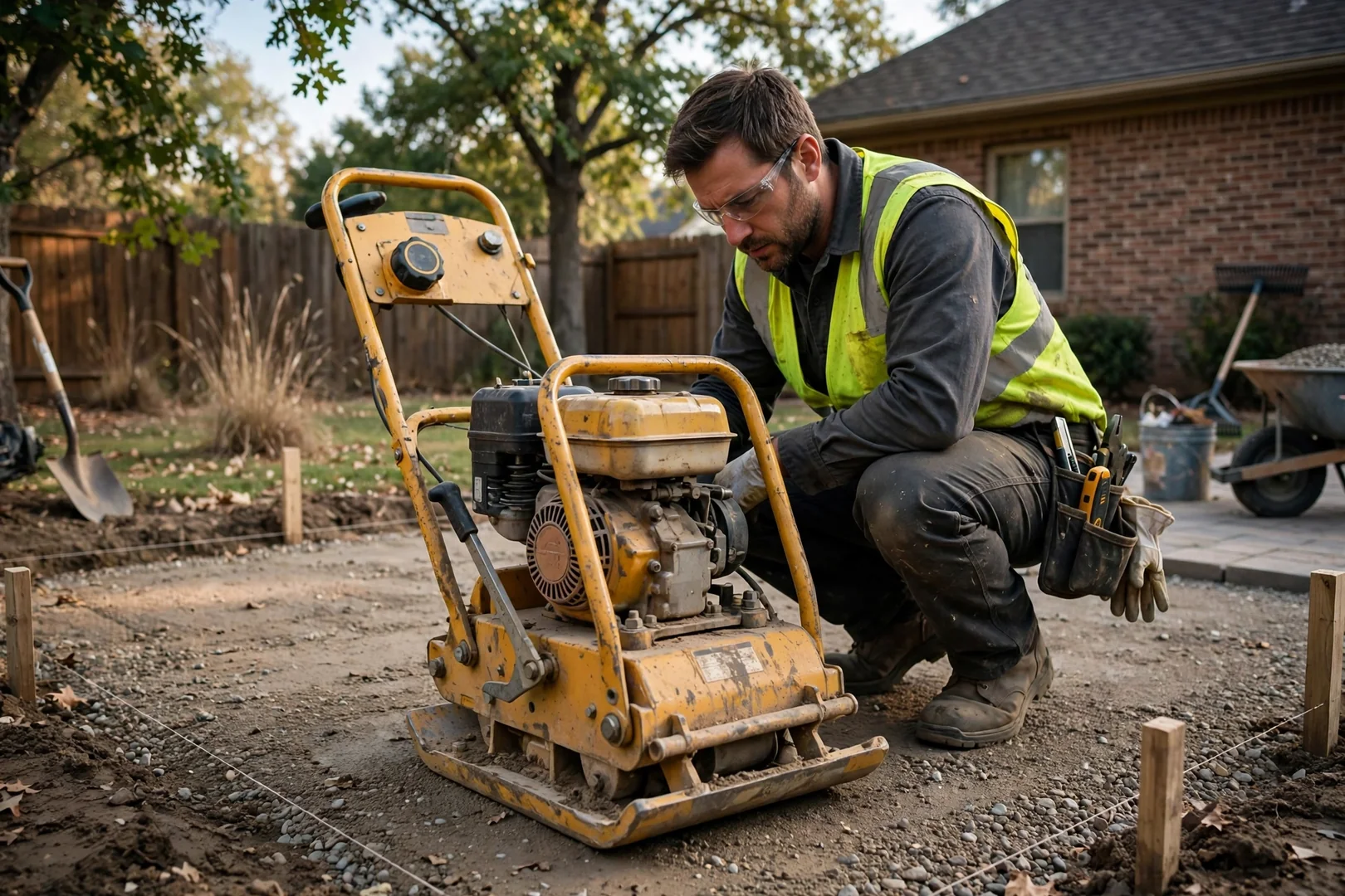 Crew member inspecting a plate compactor before starting a paver patio base