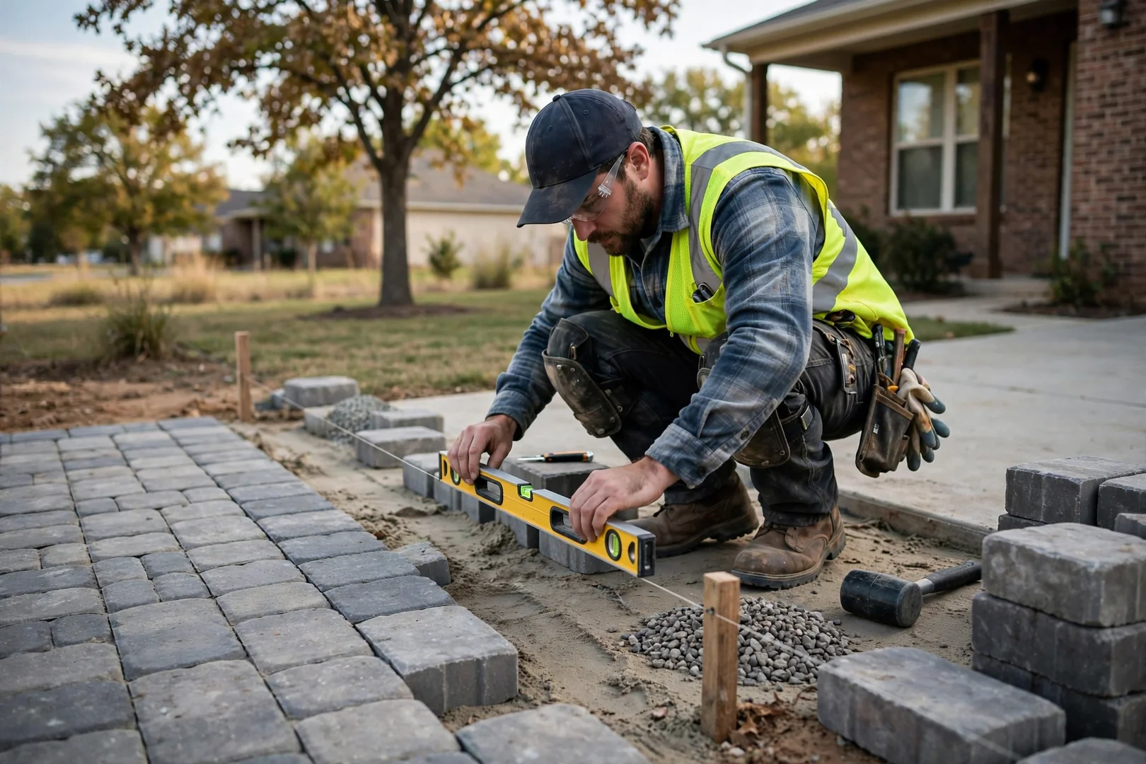 Technician checking walkway slope with a level and string line in Oklahoma City