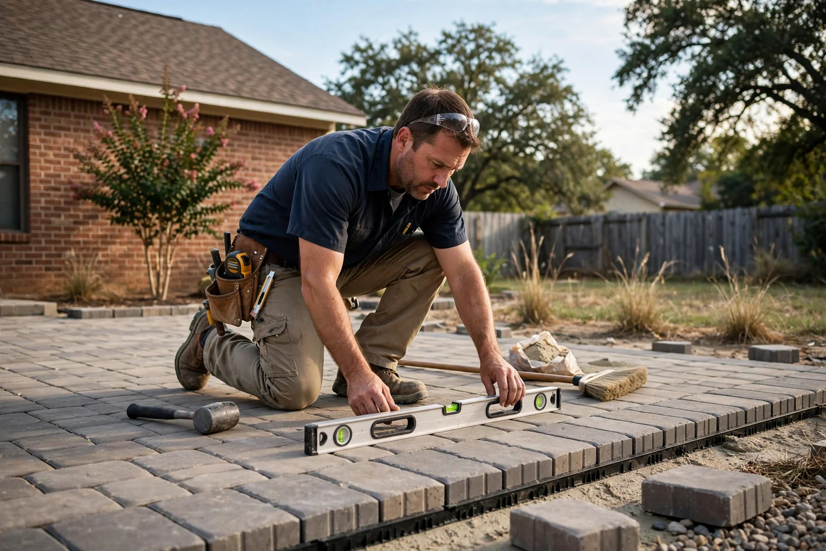 Installer checking paver patio slope with a level for proper drainage in Oklahoma City