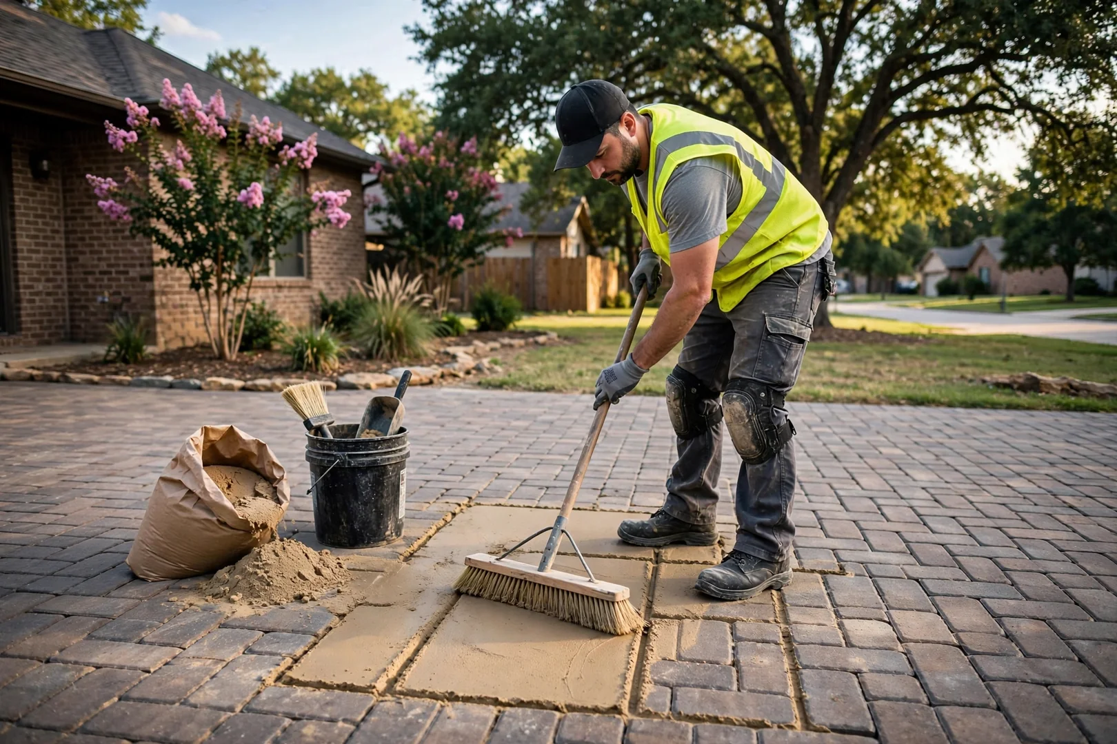 Polymeric sand being swept into joints of a newly laid paver driveway