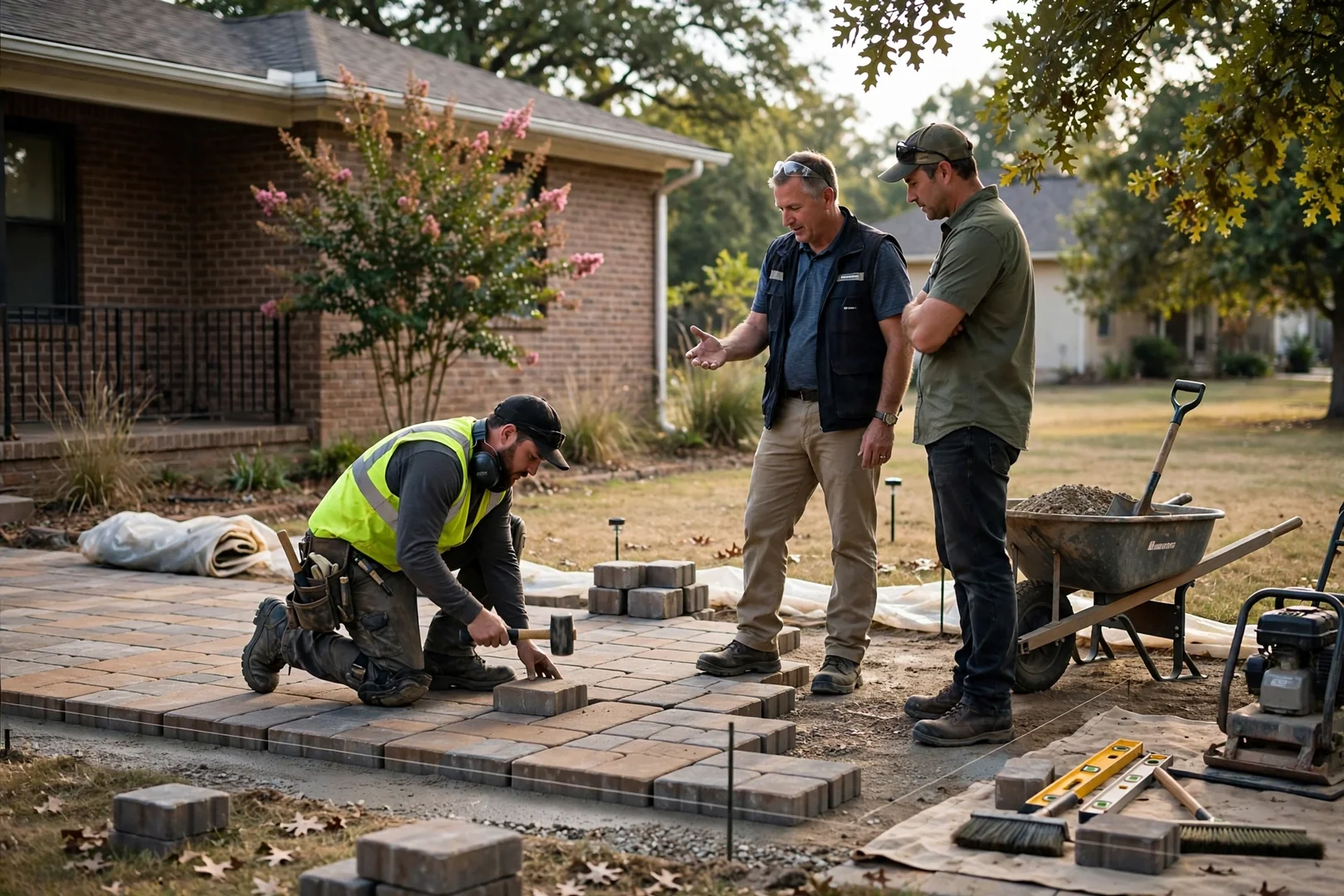 Newly installed paver patio with stone border behind an Oklahoma City home