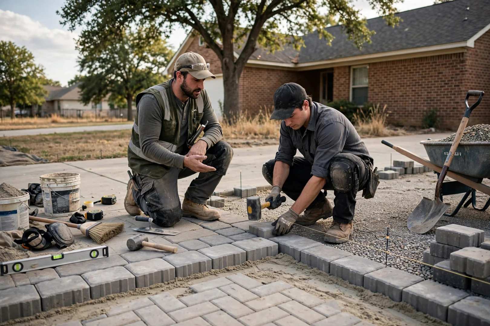 Polymeric sand being swept into joints between patio pavers