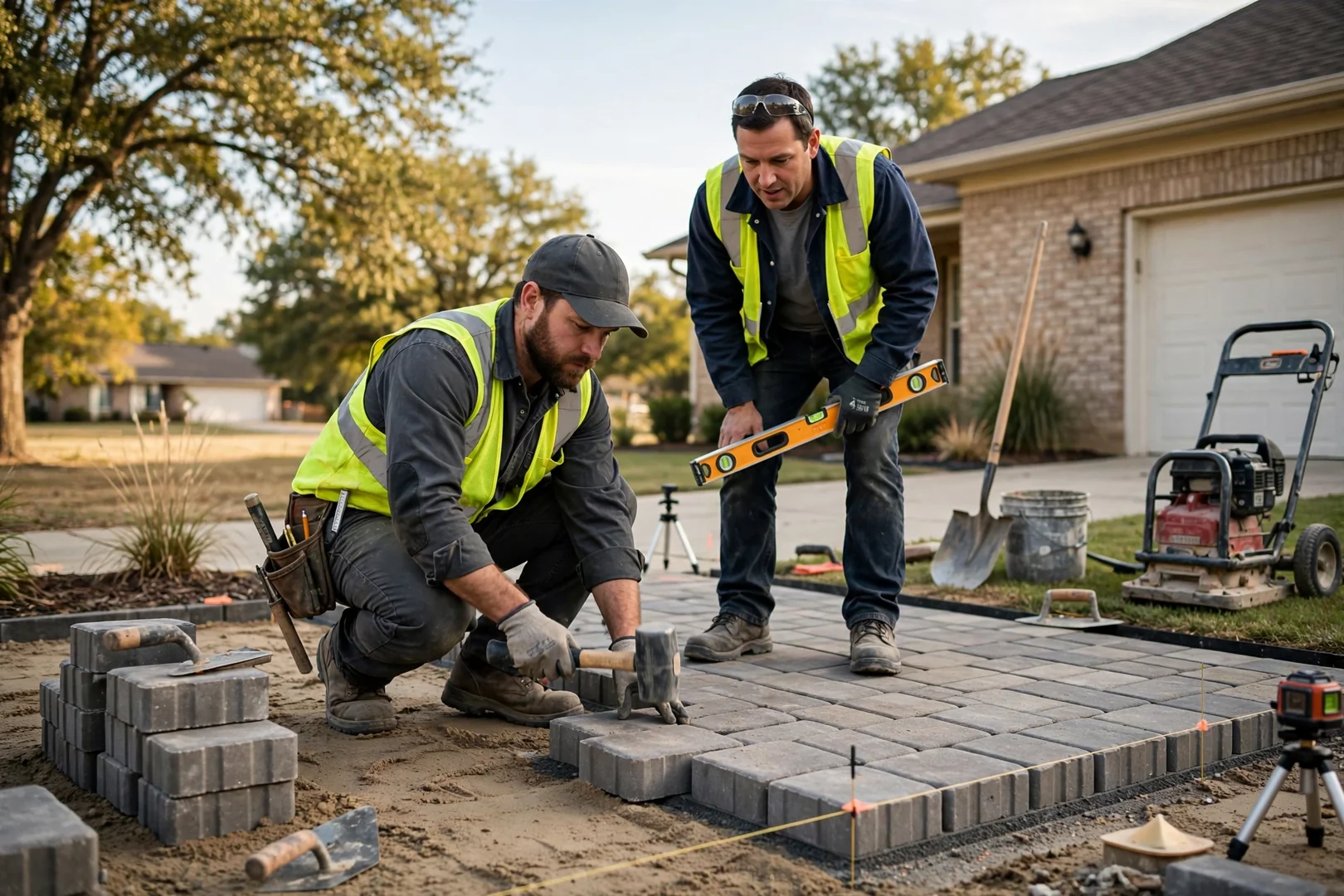 Newly installed paver patio with outdoor seating in an Oklahoma City backyard