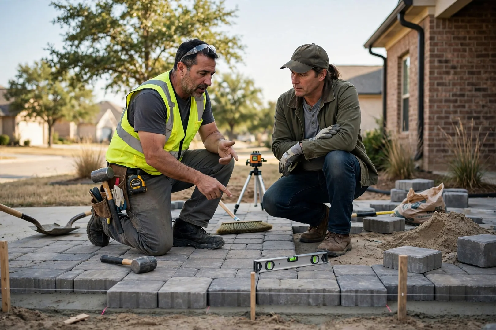 Crew compacting gravel base for a paver patio project