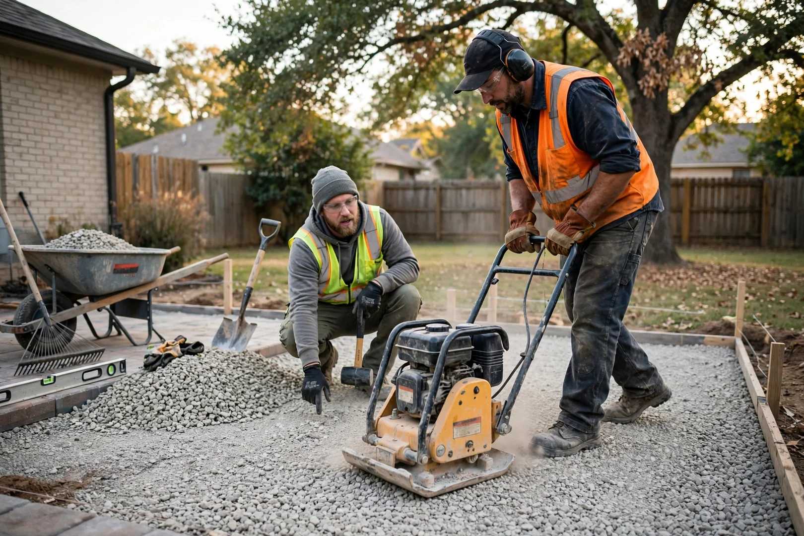 Crew compacting crushed aggregate base for a new backyard paver patio