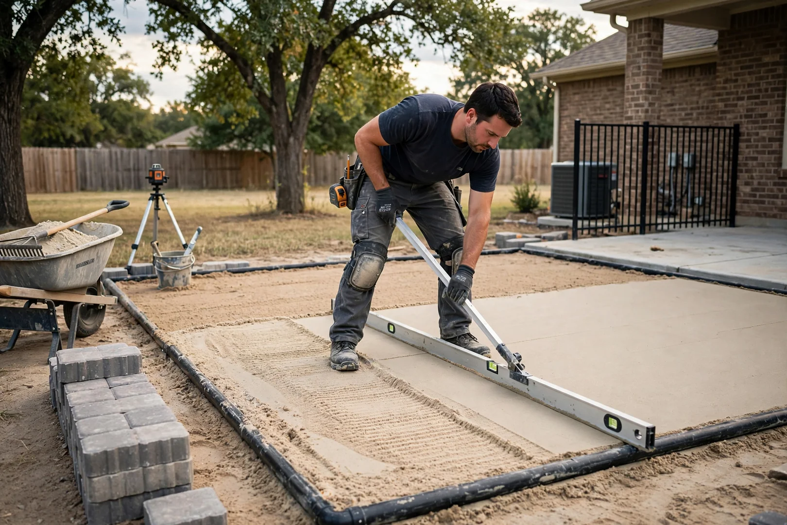 Installer screeding concrete sand bedding layer before laying patio pavers