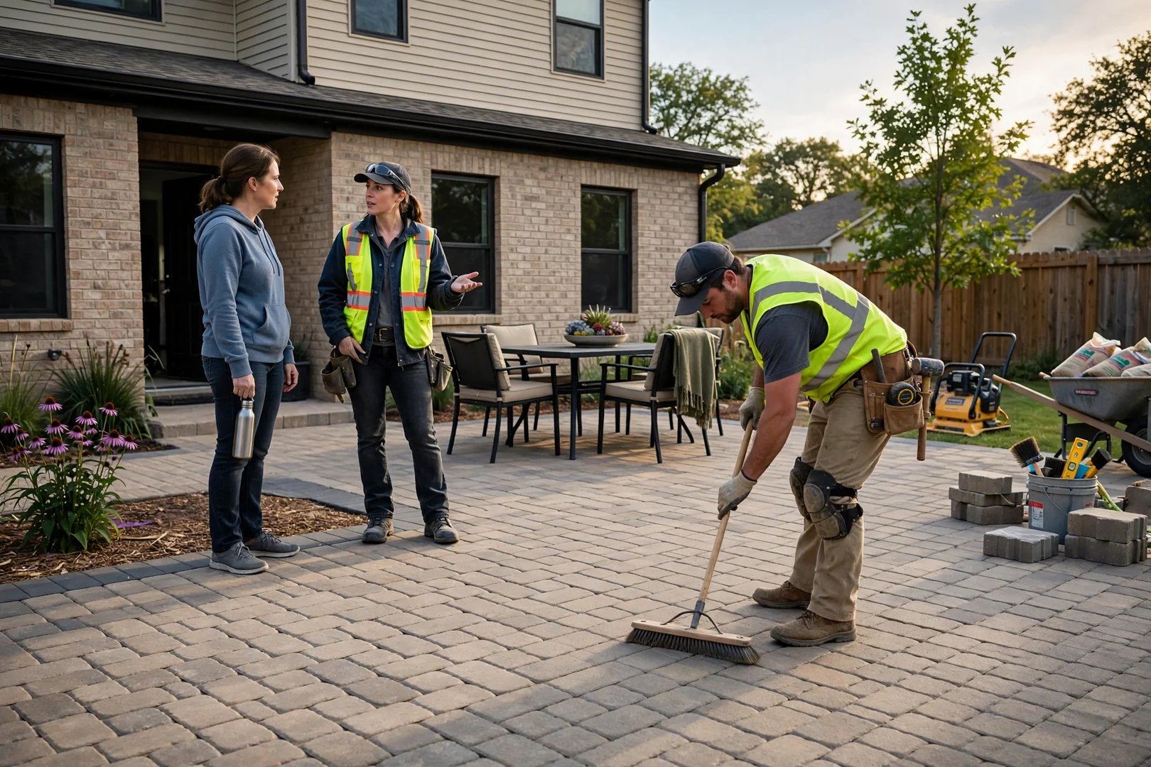 Finished paver patio with outdoor seating behind an Oklahoma City home