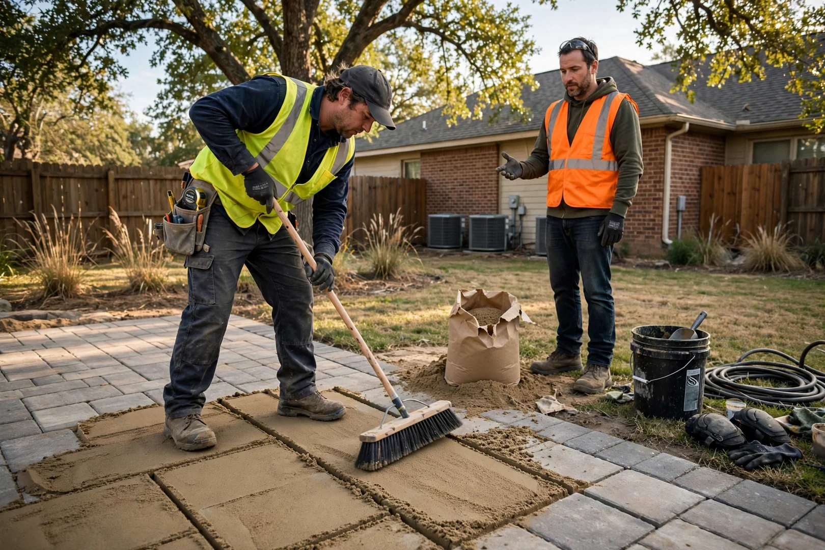 Polymeric sand being swept into paver joints on a newly laid patio