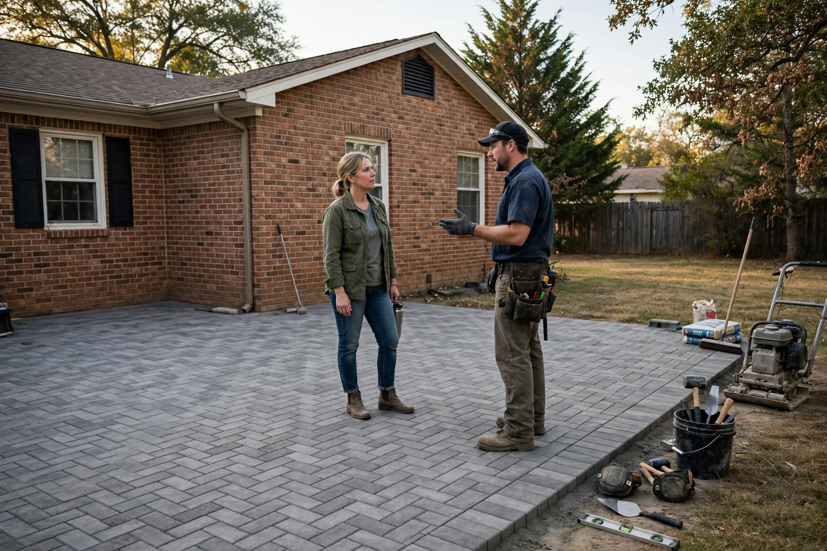 Finished concrete paver patio with herringbone pattern behind a brick ranch home in Oklahoma City