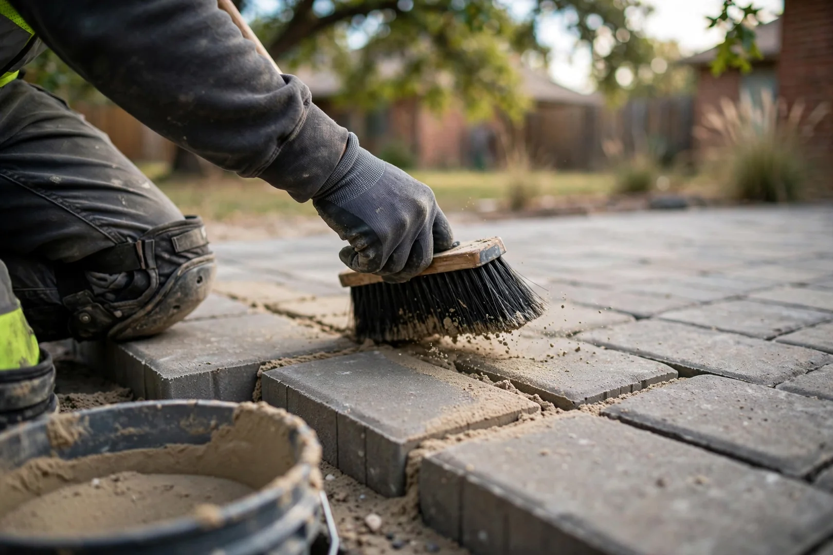 Close-up of polymeric sand swept into tight paver joints on a new backyard patio