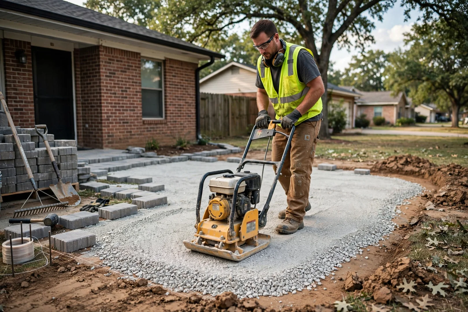Plate compactor leveling crushed aggregate base for a paver patio on clay soil