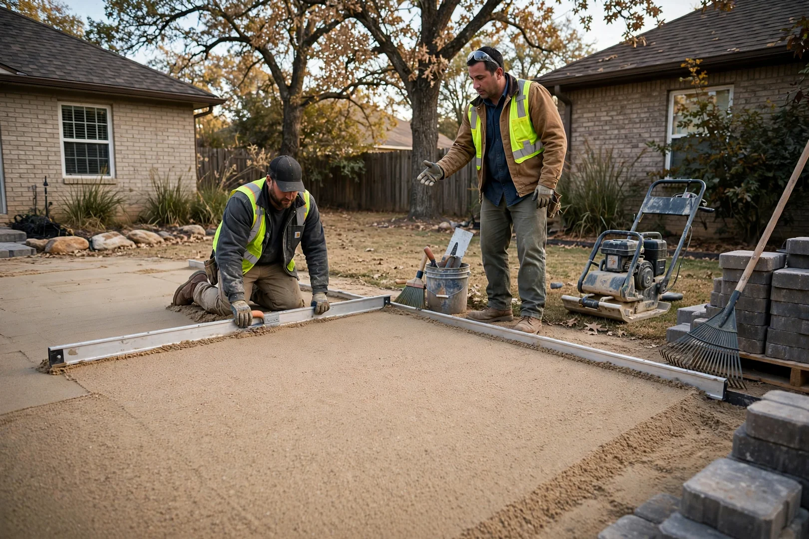 Screeded bedding sand layer ready for paver placement on a residential patio project
