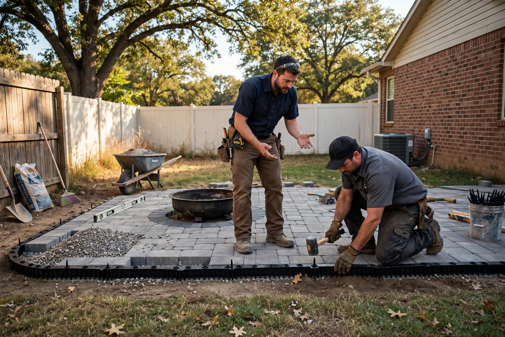 Paver patio with fire pit and plastic edge restraints at a rental property backyard