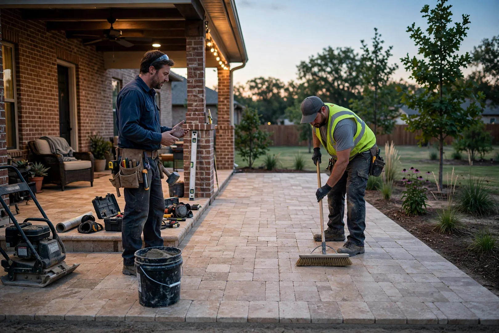 Evening view of a completed travertine-style paver patio extending from a covered porch