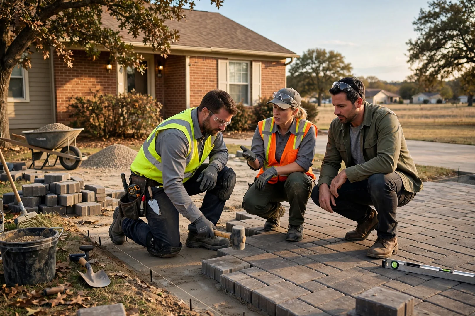 Curved paver walkway leading to a front porch of an Oklahoma City home