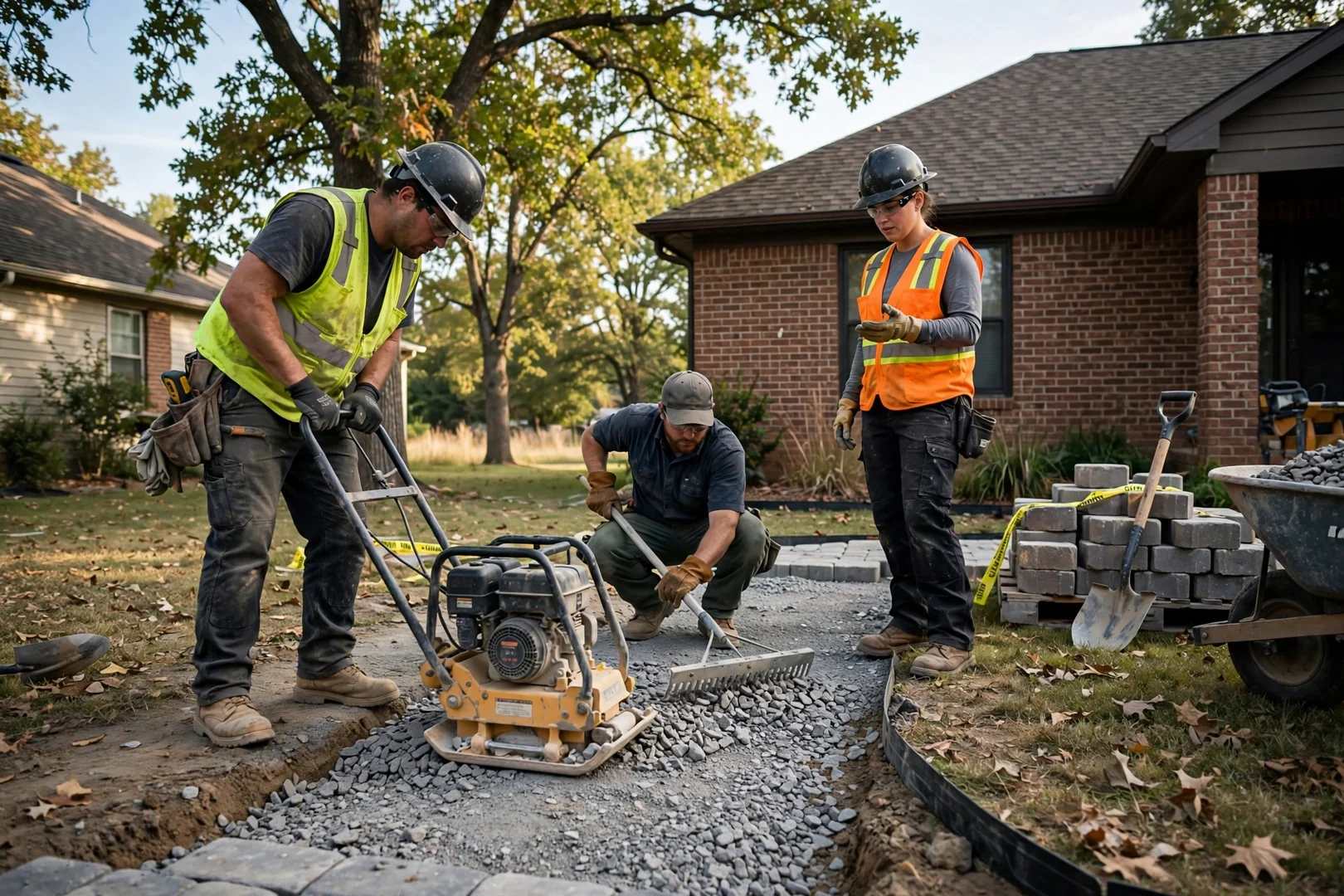 Crew compacting crushed stone base for a new paver walkway in Oklahoma City