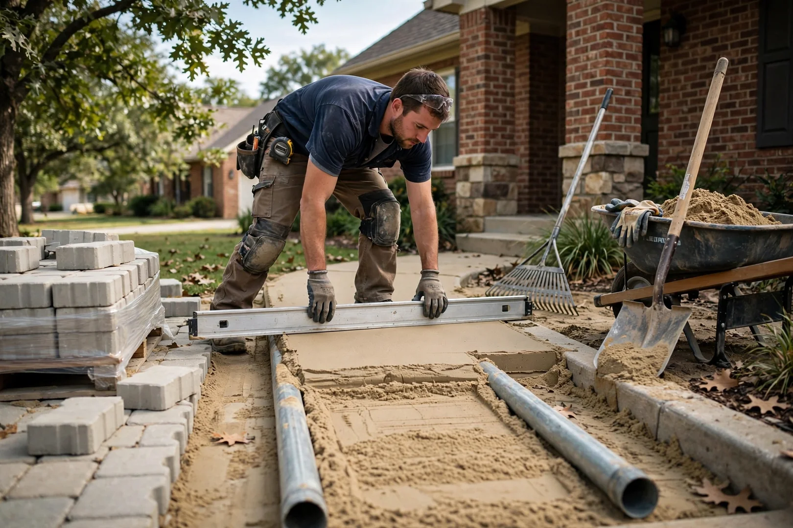 Worker screeding bedding sand before laying interlocking pavers along a front walk