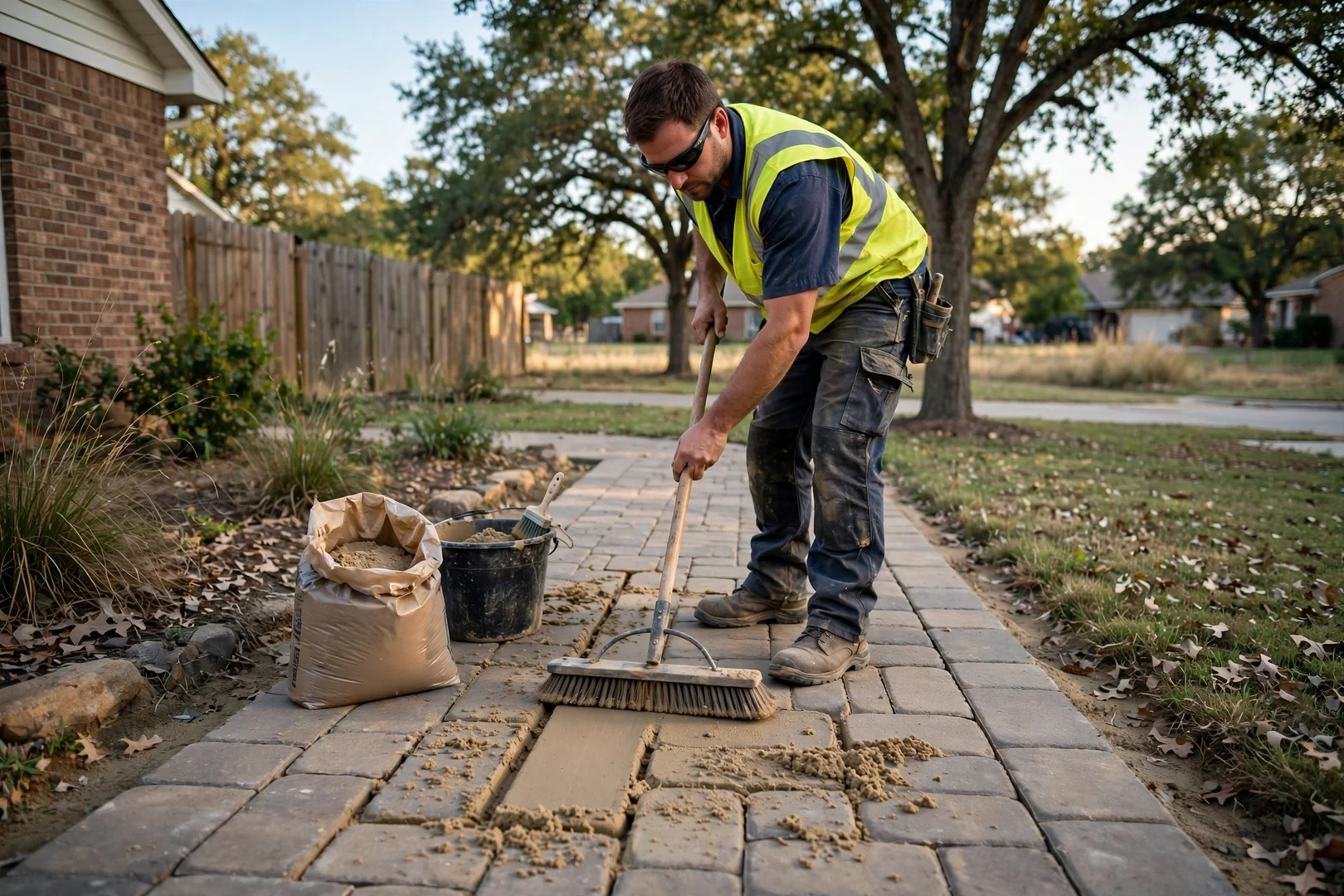 Polymeric sand being swept into the joints of a newly installed garden paver path