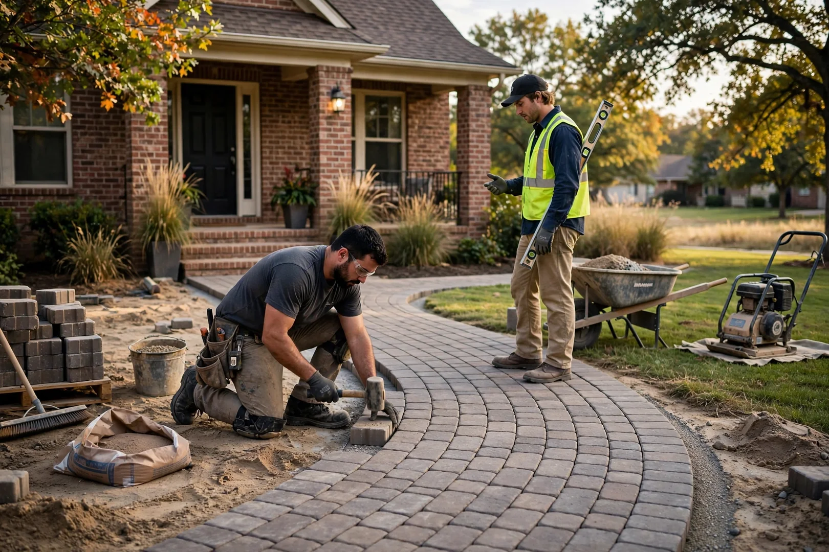 Curved paver walkway leading to a brick home's front porch in Oklahoma City