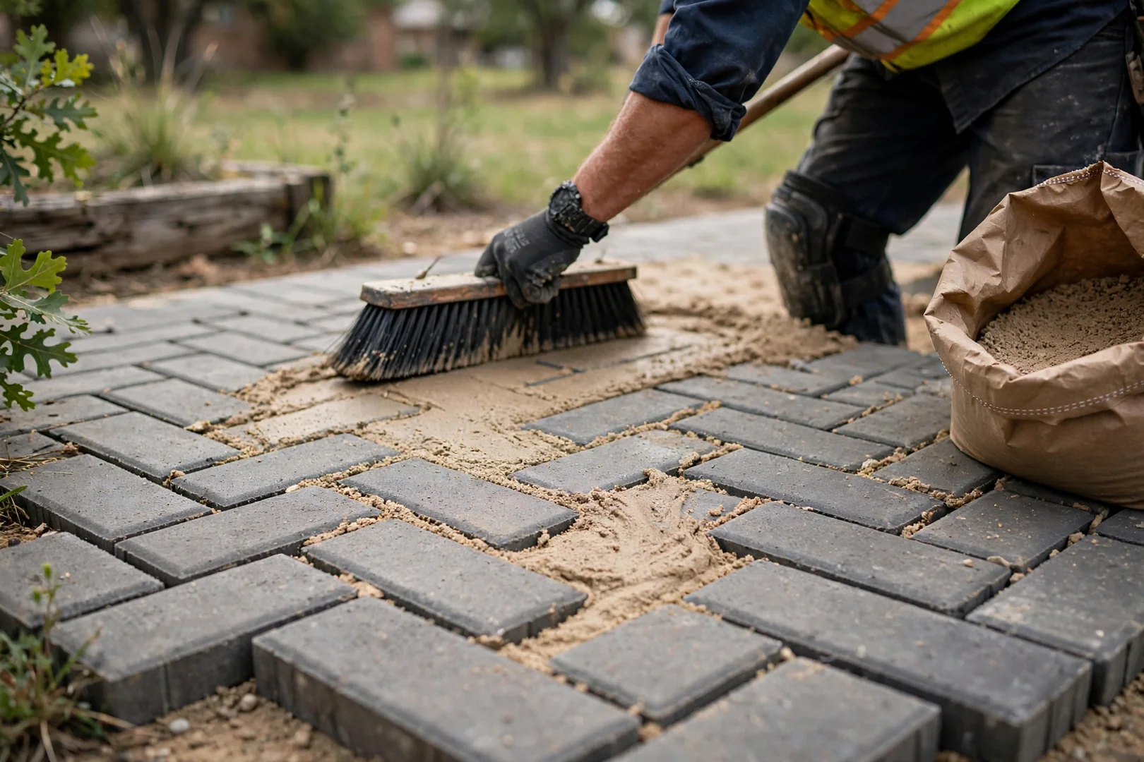 Close-up of herringbone paver pattern with polymeric sand swept into tight joints