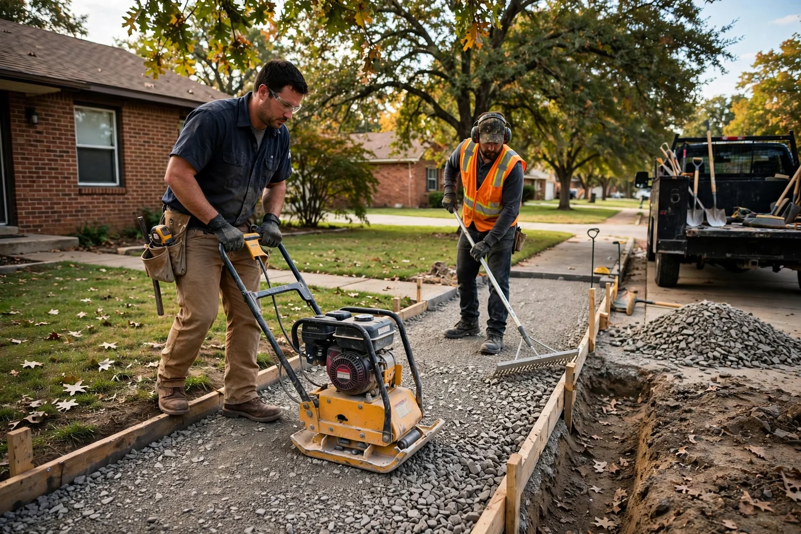 Plate compactor leveling crushed stone base for a new residential paver sidewalk