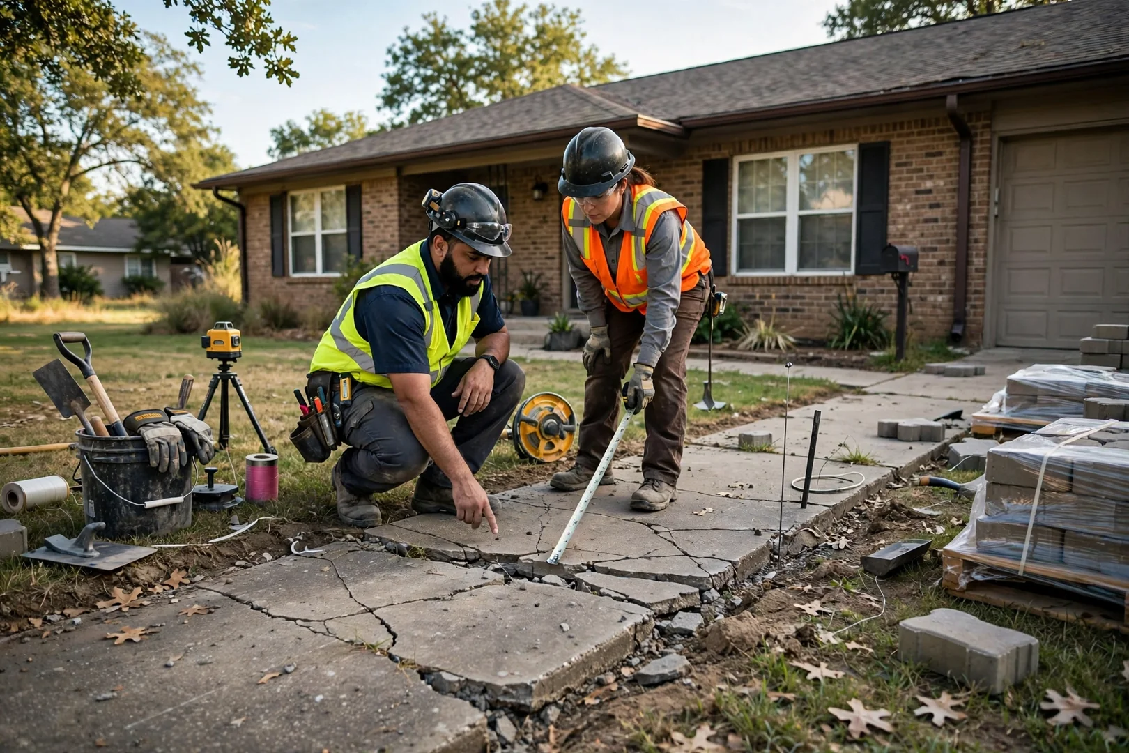 Cracked concrete sidewalk beside a ranch home before paver replacement work begins