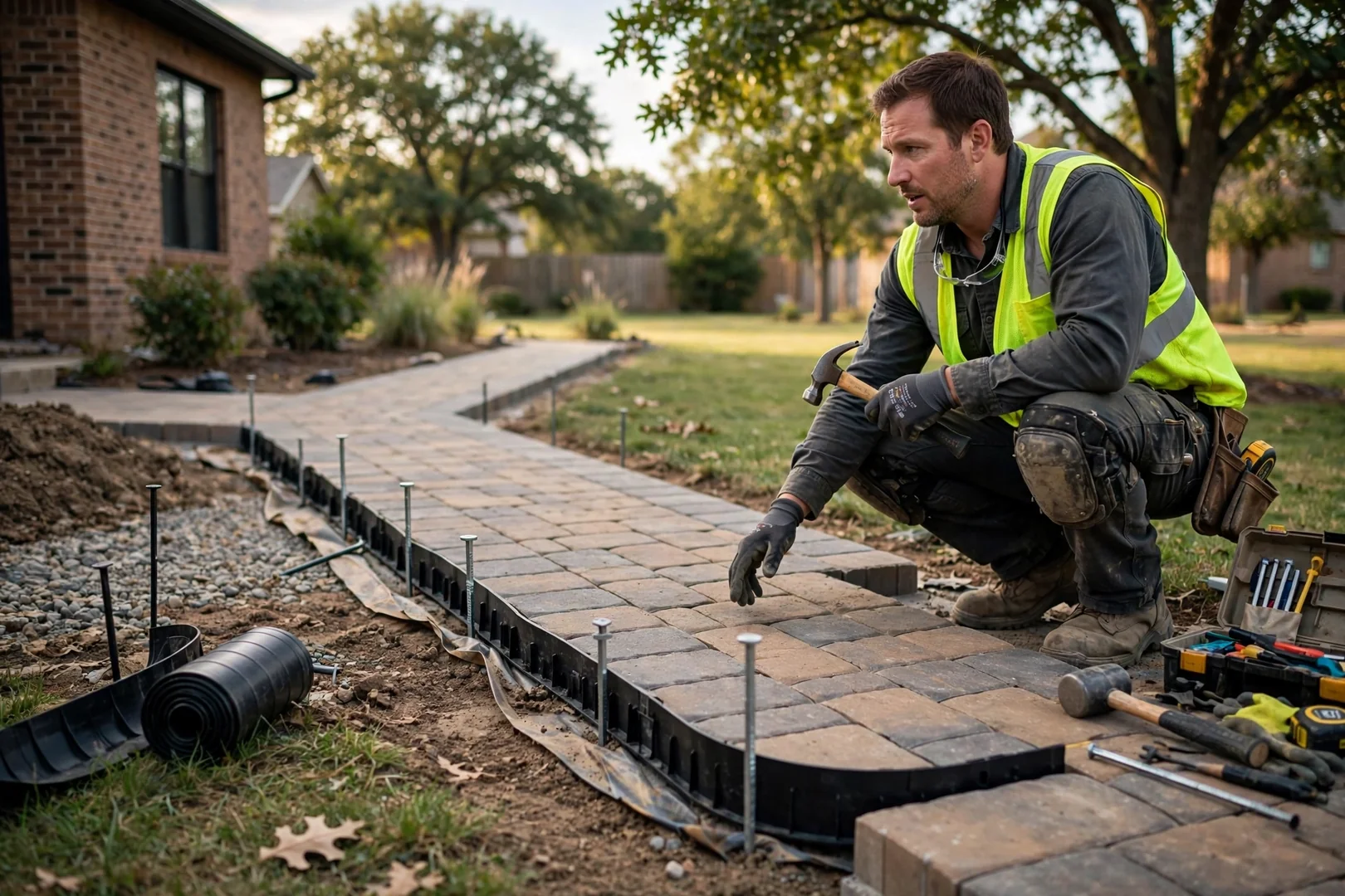 Plastic edge restraint staked along the border of a freshly laid paver path