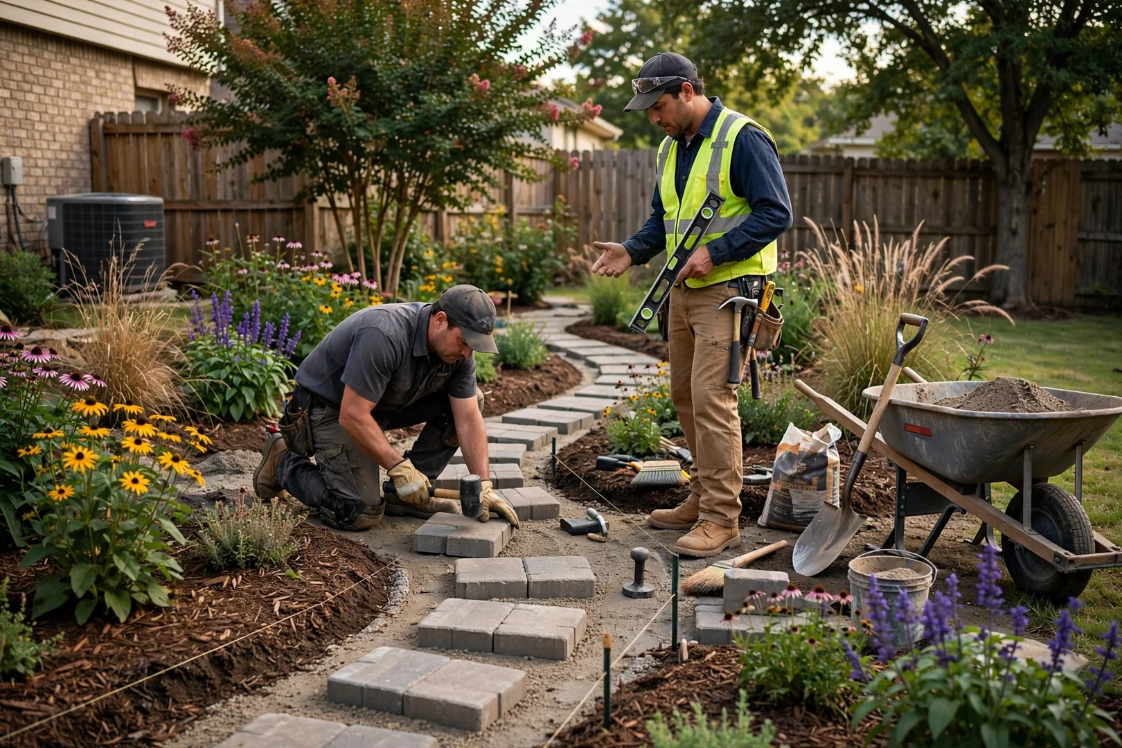 Stepping paver garden path winding through mulched flower beds in a backyard